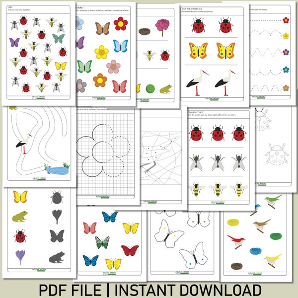 Spring activity bundle for the youngest preschoolers and toddlers - printable spring-themed worksheets pack for children, 3-year-old set