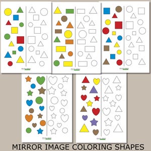 Puede incluir: Cinco hojas de trabajo educativas con formas geométricas y contornos en espejo para colorear. Cada página muestra una línea vertical que divide las formas rellenas de color a la izquierda de los contornos negros vacíos a la derecha. El texto dice ZIELONA KREDKA.