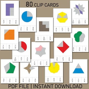 Cartes à clip Fractions | d'activités imprimables sur les fractions géométriques | Apprendre les fractions pour les débutants | Télécharger PDF éducatif pour enfants