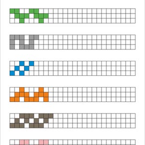 May include: A worksheet featuring seven horizontal rows of empty white grid squares. Each row begins with a unique coloured pattern of filled squares in red, green, grey, blue, orange, brown, and pink. The text ZIELONA KREDKA appears at the bottom.