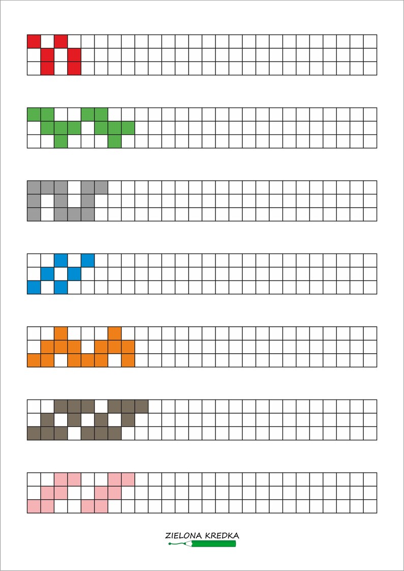 May include: A worksheet featuring seven horizontal rows of empty white grid squares. Each row begins with a unique coloured pattern of filled squares in red, green, grey, blue, orange, brown, and pink. The text ZIELONA KREDKA appears at the bottom.