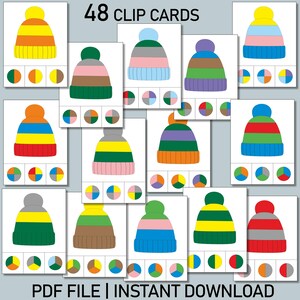 Schede con clip colorate per cappelli invernali / Attività di abbinamento stampabile per bambini / Discriminazione visiva prescolare / Riconoscimento dei colori / Download PDF