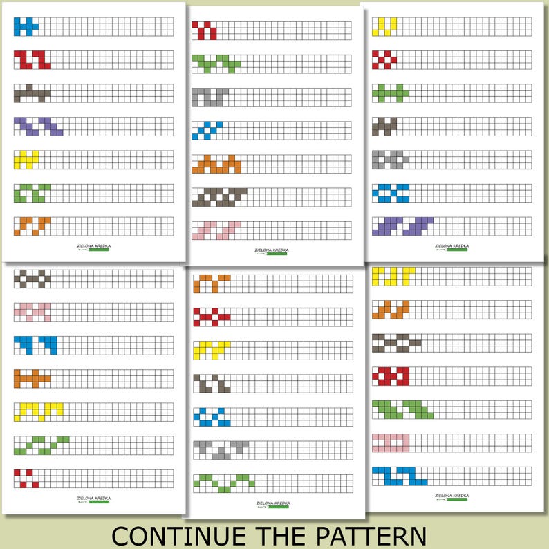 May include: A collection of six educational worksheets featuring rows of grid squares with colourful geometric patterns to continue. Each row displays a sequence of coloured blocks in blue, red, brown, purple, yellow, green, orange, grey, and pink. The text ZIELONA KREDKA appears at the bottom of each page.