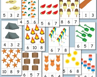 Summer Counting Clip Cards, Preschool Math Game, Number Recognition Activity, Fine Motor, Printable PDF