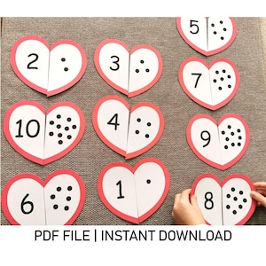 Hearts Counting Puzzle Numbers 1–10 | Printable Matching Game for Kids | Preschool Early Math Learning Activity | Digital PDF Download