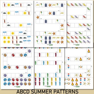 May include: A set of six activity sheets with summer-themed illustrations. The sheets feature patterns of beach balls, flip-flops, beach chairs, and other summer icons. The text "ABCD SUMMER PATTERNS" is at the bottom of the image.