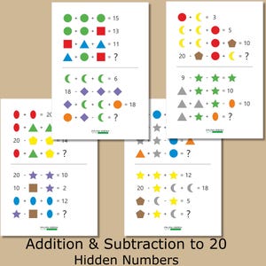 Puzzle di equazioni con immagini, attività di matematica con le forme, addizioni e sottrazioni entro il 20, PDF stampabile per la seconda elementare