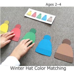 Gra w dopasowywanie kolorów dla maluchów i przedszkolaków | Dopasowywanie wzorów czapek zimowych do druku | Aktywność Montessori