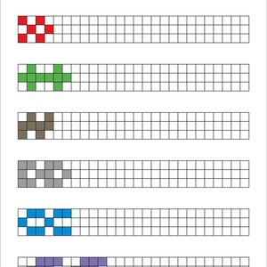 May include: A printable worksheet featuring seven horizontal rows of empty grid squares. Each row begins with a unique colour pattern in yellow, red, green, brown, grey, blue, and purple. The text ZIELONA KREDKA appears at the bottom.