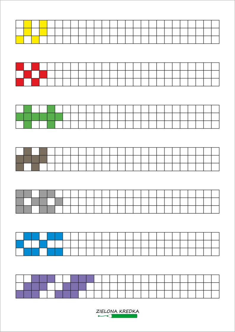 May include: A printable worksheet featuring seven horizontal rows of empty grid squares. Each row begins with a unique colour pattern in yellow, red, green, brown, grey, blue, and purple. The text ZIELONA KREDKA appears at the bottom.