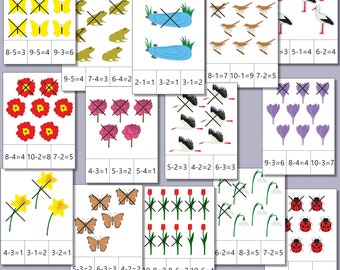 Subtraction within 10, spring-themed count and clip cards - printable math activity for children, diy print aids