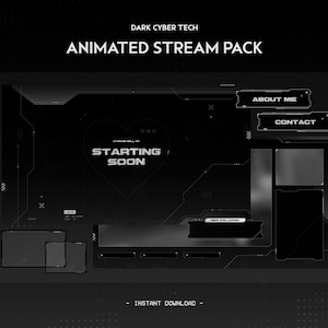 Può includere: Grafica in scala di grigi per un pacchetto di streaming animato Dark Cyber Tech. Il design include una forma a cuore con le parole "Starting Soon". Il testo aggiuntivo include "About Me", "Contact" e "New Follower". Sono presenti anche le parole "Instant Download".