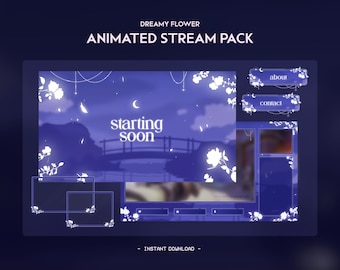 May include: Animated stream pack with a purple and white color scheme. The pack features a starting soon screen with a crescent moon and the text "starting soon". There are also screens for about and contact information.