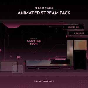 Puede incluir: Paquete de transmisión animada rosa y negro con el texto "PINK SOFT SYBER ANIMATED STREAM PACK". El diseño incluye un corazón con las palabras "starting soon" y botones etiquetados como "about me" y "contact".