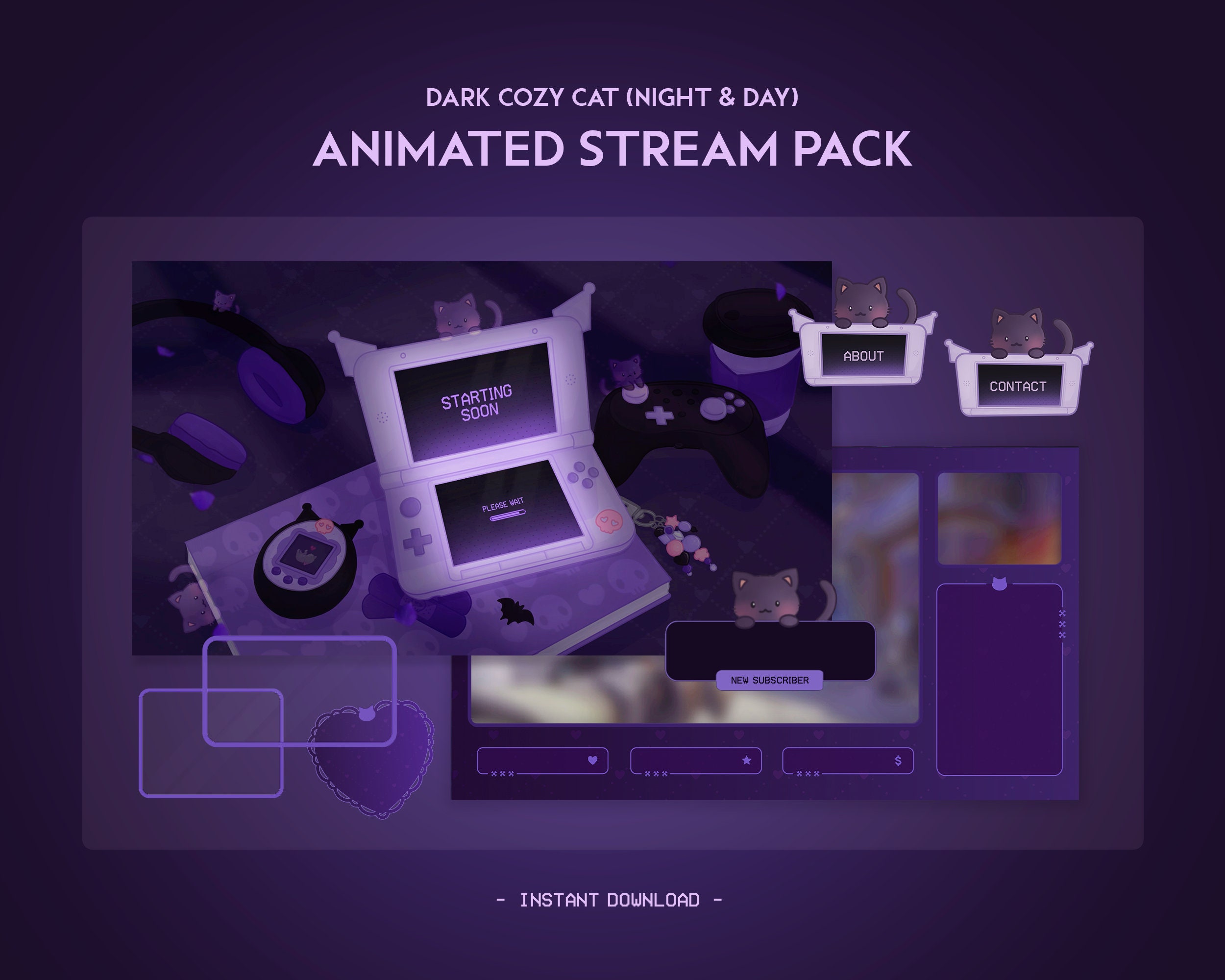 Dark Cozy Cat Animated Stream Pack | Night Spooky Kuro Kitty | Purple Twitch Overlay, Alert, Panels, Transition | Vtuber | Gaming