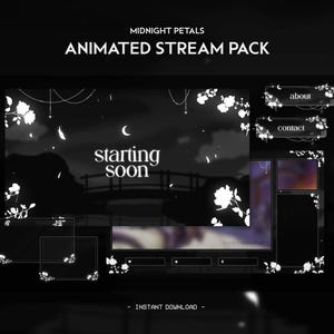 真夜中の花びらアニメーション ストリーム パック | ゴシック ダーク ムーン スカイ | ブラック モノクロ Twitch オーバーレイ、アラート、パネル、トランジション | Vtuber | ゲーム