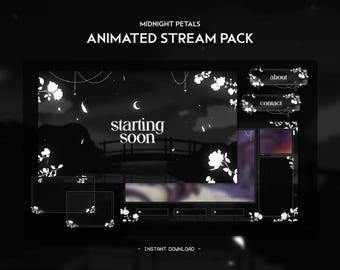 Midnight Petals Animated Stream Pack | Gothic Dark Moon Sky | Black Monochrome Twitch Overlay, Alert, Panels, Transition | Vtuber | Gaming
