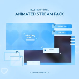 Könnte beinhalten: Blaues animiertes Stream-Paket mit einem Pixel-Herz-Design. Das Paket enthält einen Startbildschirm, eine Chatbox, eine Spendenziel-Leiste und Social-Media-Buttons. Der Text "Über mich" und "Kontakt" ist auf den Buttons sichtbar.