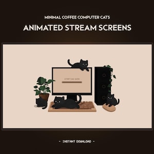 Könnte beinhalten: Animierter Stream-Bildschirm mit einem schwarzen Computermonitor, auf dem der Text "Starting Soon" und eine Fortschrittsanzeige zu sehen sind. Vier schwarze Katzen befinden sich auf dem Bildschirm und um den Computer herum. Der Hintergrund ist hellbraun.
