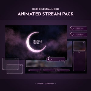 Dark Celestial Moon Animiertes Stream-Pack | Nacht Minimal Verträumt | Lila Twitch Overlay, Alarm, Panels, Übergang | Vtuber | Spielen