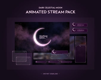 Dark Celestial Moon Animated Stream Pack | Night Minimal Dreamy | Purple Twitch Overlay, Alert, Panels, Transition | Vtuber | Gaming