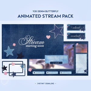 Könnte beinhalten: Animiertes Stream-Paket mit Denim-Thema. Das Paket enthält einen blauen Denim-Hintergrund mit Sternen, Herzen und dem Text "Stream starting soon". Es gibt auch Schaltflächen für "about" und "contact".