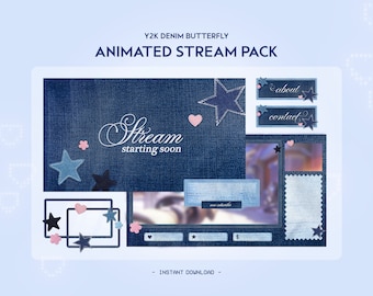 Pacote de transmissão de jeans Y2K animado | Estética retrô vintage | Sobreposição de Twitch fofa azul escuro, alerta, painéis, transição | Personalizável