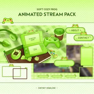 May include: Animated stream pack with a green frog theme. The pack includes a starting soon screen, a chat box, a donation panel, and buttons for about and contact. The pack also includes a green frog character and a green and black video game controller.