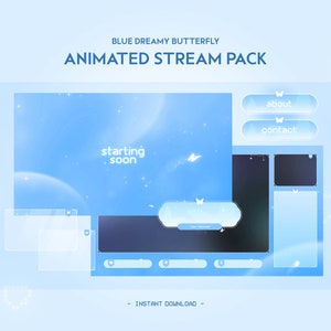 Könnte beinhalten: Blau-weißes animiertes Stream-Paket mit einem verträumten Schmetterlings-Thema. Das Paket enthält einen Startbildschirm, eine Benachrichtigung über neue Follower und Social-Media-Buttons. Der Text "starting soon" wird auf dem Bildschirm angezeigt.