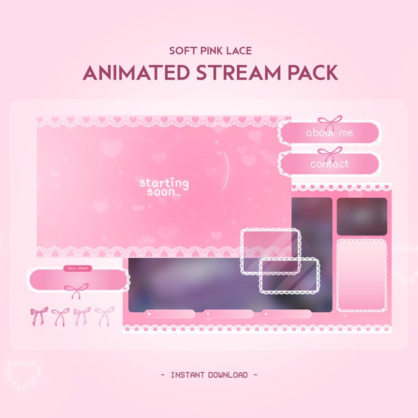 Pink Lace Heart Animated Stream Pack | Cute Coquette Ribbon Twitch Overlay, Alert, Panels, Transition | Vtuber Friendly | Customizable