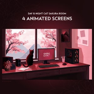May include: A digital illustration of a cat sitting in front of a computer screen in a room with a window view of a pink cherry blossom tree. The computer screen says "starting soon". The room is decorated with pink walls and a pink desk. The text "DAY & NIGHT CAT SAKURA ROOM 4 ANIMATED SCREENS" is at the top of the image.