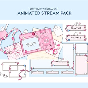Peut inclure: Un pack de diffusion animé rose et blanc avec une caméra de dessin animé, un lapin et des cœurs. Le pack comprend des panneaux pour à propos de moi, contact, démarrage bientôt et d'autres éléments de diffusion.
