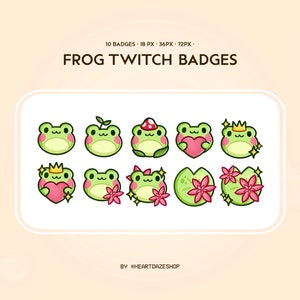 Può includere: Set di 10 badge Twitch di rana in varie pose, tra cui una rana con una corona, una rana che tiene un cuore e una rana con un fungo sulla testa. I badge sono verdi con accenti rosa e sono disegnati in stile cartone animato.