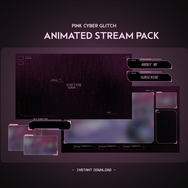 Pink Cyber Animated Stream Pack | Dark Minimal Clean Tech | Twitch Overlay, Alert, Panels, Transition | Vtuber Friendly | Gaming