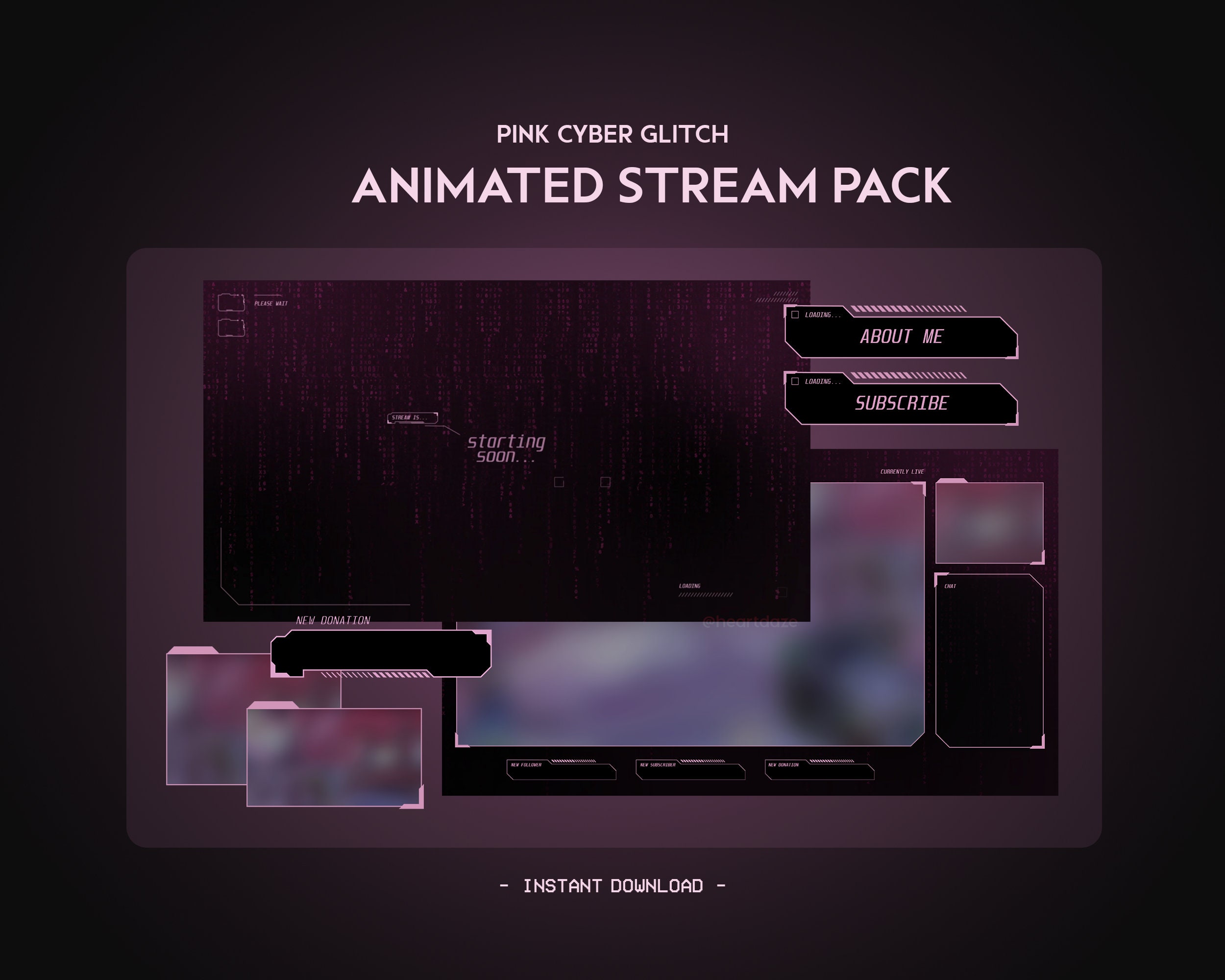 Pink Cyber Animated Stream Pack | Dark Minimal Clean Tech | Twitch Overlay, Alert, Panels, Transition | Vtuber Friendly | Gaming