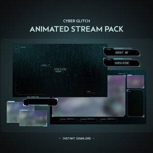 Puede incluir: Un paquete de transmisión animado azul y verde con un efecto de glitch digital. El paquete incluye una pantalla de inicio, un botón de suscripción, un botón de información y un cuadro de chat. El texto "CYBER GLITCH ANIMATED STREAM PACK" está en la parte superior de la imagen.