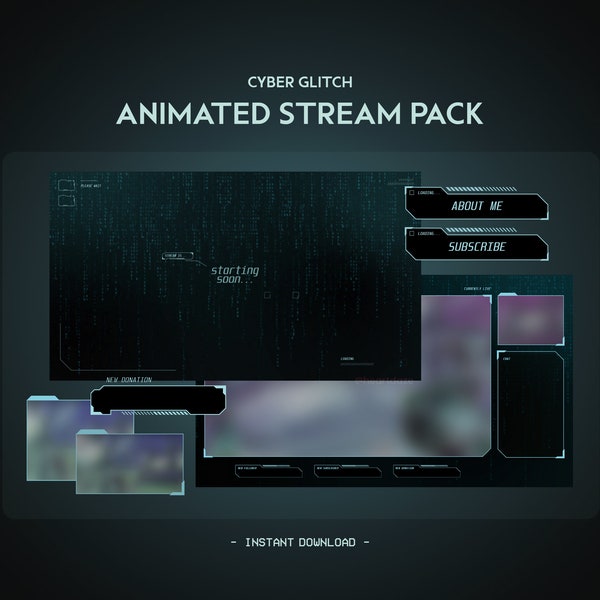 Cyan Cyber Animated Stream Pack | Dark Minimal Clean Tech | Green Blue Twitch Overlay, Alert, Panels, Transition | Vtuber Friendly | Gaming