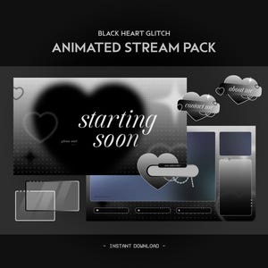 Puede incluir: Paquete de transmisión animado con un tema de glitch de corazón negro. El paquete incluye una pantalla de inicio pronto, un botón de contacto, un botón de información y un cuadro de chat. El texto "próximamente" se muestra en blanco sobre un fondo negro.