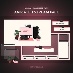 Pink Minimal Cat Desk Animated Stream Pack | Computer Dark Clean | Twitch Overlay, Alert, Panels, Transition | Vtuber Friendly | Gaming PC