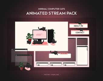 Pink Minimal Cat Desk Animated Stream Pack | Computer Dark Clean | Twitch Overlay, Alert, Panels, Transition | Vtuber Friendly | Gaming PC