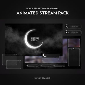 Schwarzer Sternenmond animierte Stream Pack | Nacht Minimal Dunkle Wolke | Monochrome Twitch Overlay, Alarm, Panels, Übergang | Vtuber | Spielen