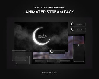 Black Starry Moon Animated Stream Pack | Night Minimal Dark Cloud | Monochrome Twitch Overlay, Alert, Panels, Transition | Vtuber | Gaming