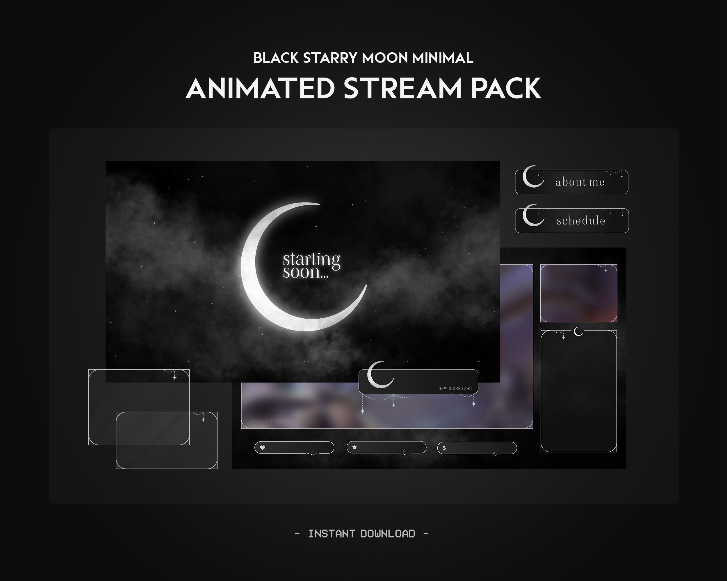 Black Starry Moon Animated Stream Pack | Night Minimal Dark Cloud | Monochrome Twitch Overlay, Alert, Panels, Transition | Vtuber | Gaming