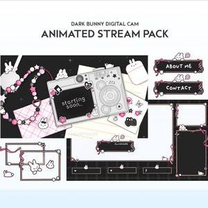 May include: Animated stream pack with a black background and pink accents. The pack features a digital camera, a pink and white beaded necklace, and a variety of bunny stickers. The text "starting soon..." is displayed on the camera screen. The pack also includes buttons for "About Me" and "Contact".