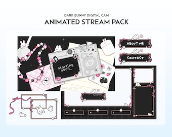 Animated Bunny Y2K Digital Cam Stream Pack | Black Minimal Lofi Cozy | Dark Cute Twitch Overlay, Alert, Panels, Transition | Customizable