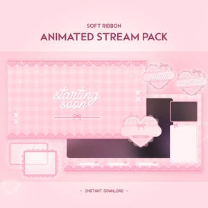 以下が含まれることがあります： ソフトリボンのテーマのピンク色のアニメーションストリームパック。デザインには、チェック柄の背景、レースのトリム、ハート型の要素が含まれています。「SOFT RIBBON」と「ANIMATED STREAM PACK」というテキストが含まれています。
