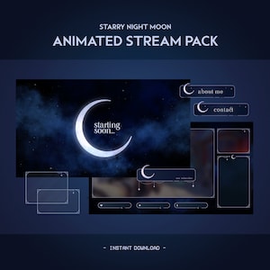 Sternenklare Nacht Animierte Stream Pack | Mond Minimal Verträumt | Dunkelblau Twitch Overlay, Alarm, Panels, Übergang | Vtuber | Spielen