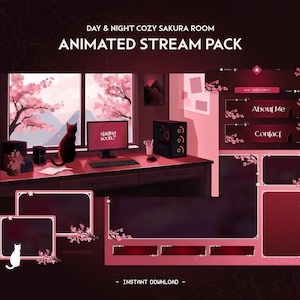 Puede incluir: Paquete de transmisión animado con un esquema de color rosa y rojo que presenta una habitación acogedora con una ventana que da a una cordillera con flores de cerezo. La habitación tiene un escritorio con una computadora, un gato y un letrero de 'próximamente'. El paquete incluye superposiciones animadas para las secciones 'Acerca de mí' y 'Contacto'.