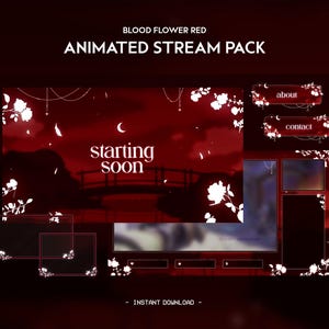 Pode incluir: Pacote de stream Twitch animado com fundo vermelho e designs florais brancos. O pacote inclui uma tela de início, painéis de informações e contato, e uma caixa de bate-papo. O texto "Blood Flower Red" e "Animated Stream Pack" está na parte superior da imagem.