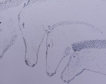 Handmade blue ink panel drawing of horses (unique model) made in France inspired by cave painting and pointillism